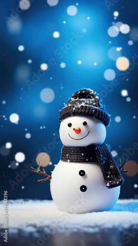 Adorable Snowman in a Frosty Landscape with Falling Snowflakes © M.Gierczyk