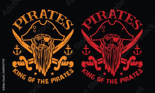 Pirates King Of The Pirates T shirt Design . Skull in pirate bandana with knife in mouth. Print for T-shirt, typography, vintage graphic print for t shirt , fashion, sticker, posters and others. 