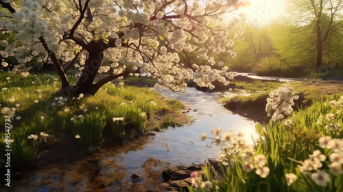 Vibrant spring scene:,Blurred background with blooming trees, AI generated © M.Gierczyk