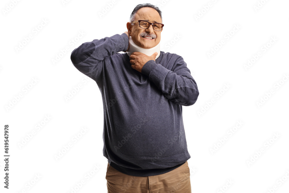 Fototapeta premium Mature man in pain wearing a neck collar