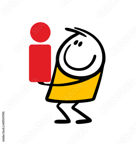 Funny little stickman holding letter i for important information. Vector illustration of doole boy and red mark. photo