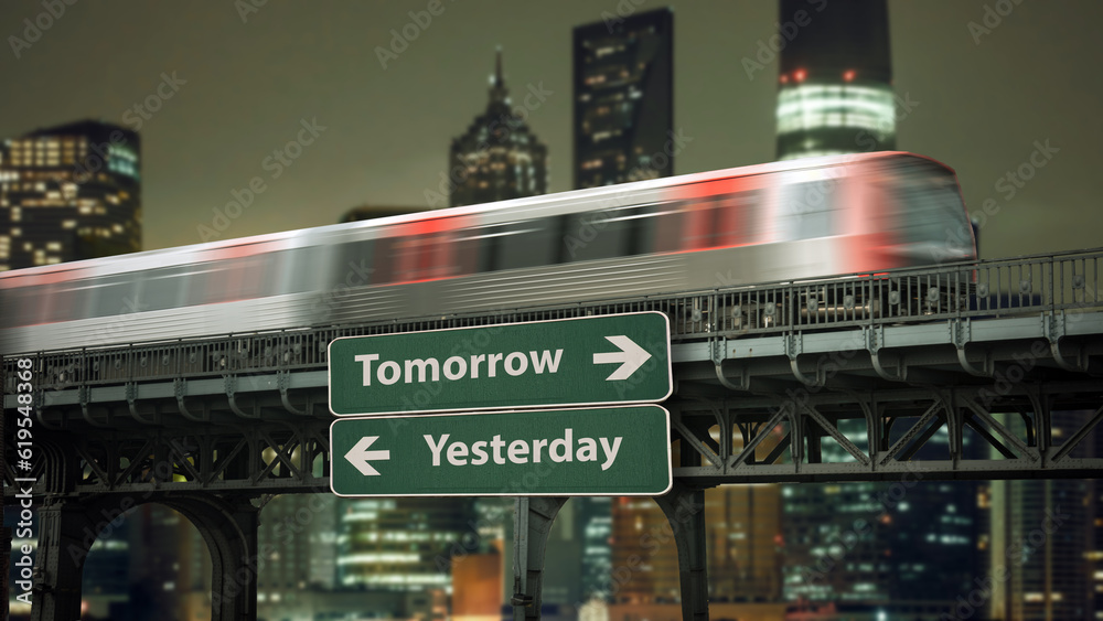 Street Sign to Tomorrow versus Yesterday - obrazy, fototapety, plakaty 