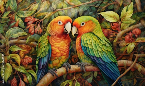  a painting of two parrots sitting on a branch in a tree.  generative ai