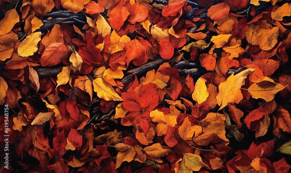  a bunch of leaves that are on a tree branch in the fall.  generative ai