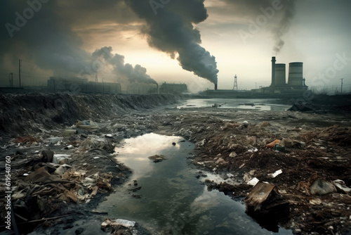 Environmental pollution, a large industrial enterprise pollutes the air with emissions into the atmosphere, AI Generated