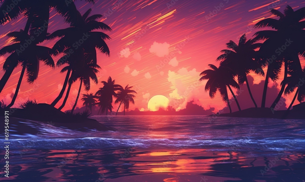  a painting of a sunset with palm trees on the shore.  generative ai