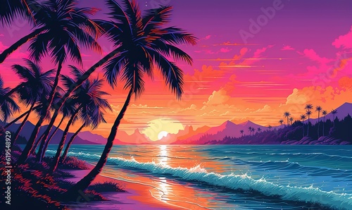  a painting of a tropical sunset with palm trees on the beach.  generative ai