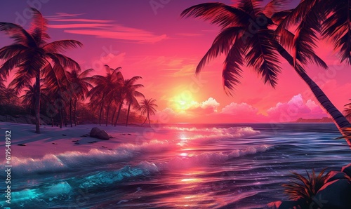  a painting of a beach with palm trees and a sunset.  generative ai © Anna