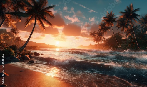  a painting of a sunset on a tropical beach with palm trees. generative ai