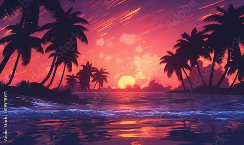 a painting of a sunset with palm trees on the shore.  generative ai © Anna