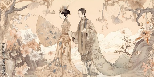 Asian watercolour painting. man and woman, beautiful nature landscape. Generative Ai