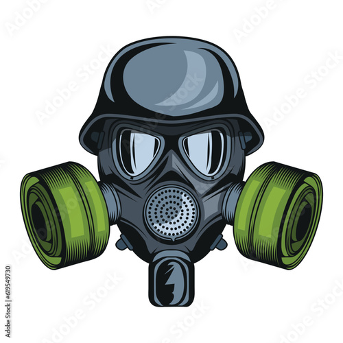 Gas mask in a helmet. Vector illustration of a chemical gas mask respirator with protective glass and filters.