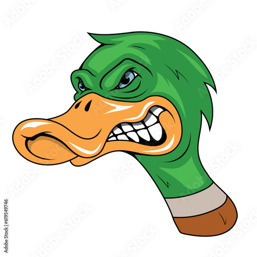 Duck. Vector illustration of a waterbird with a broad blunt bill. Evil duck cartoon.