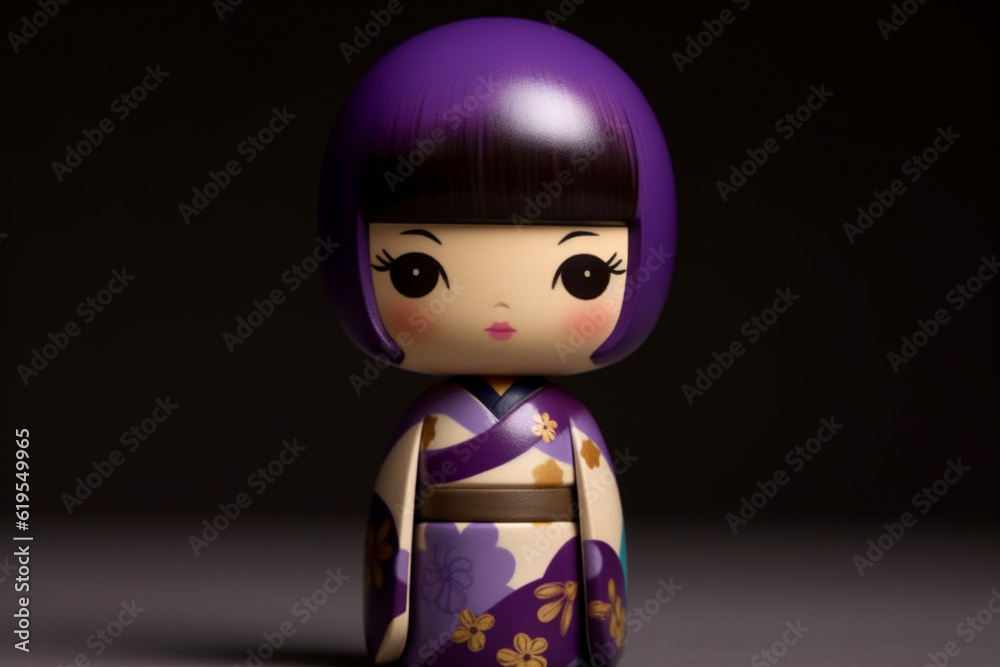 Generative ai. Japanese kokeshi doll with short hair and kimono Generative ai. Japanese kokeshi doll with short hair and kimono