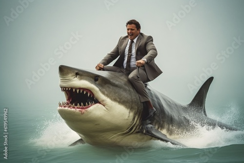 A businessman riding a great white shark. Generative AI AIG27.