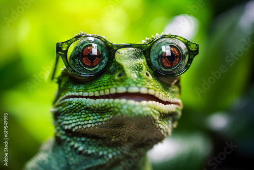portrait green animal reptile glasses lizard iguana scale wildlife close-up. Generative AI.