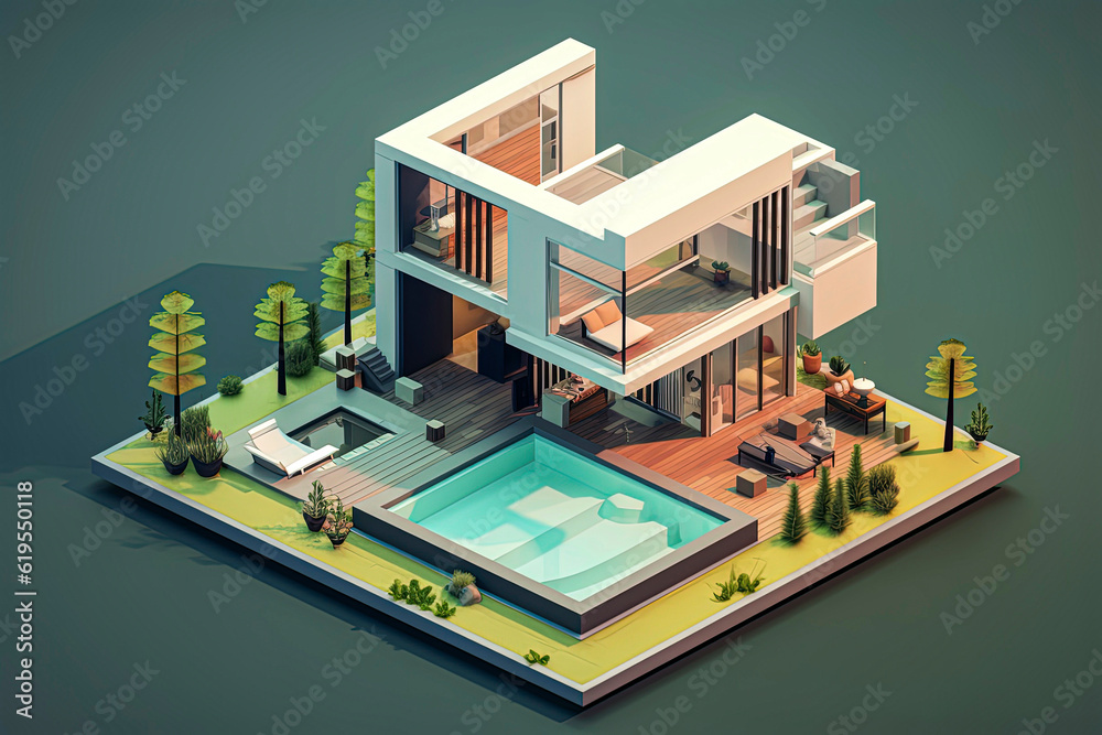 Generative AI 3D Recreation illustration of Isometric Luxury House built with sustainable materials