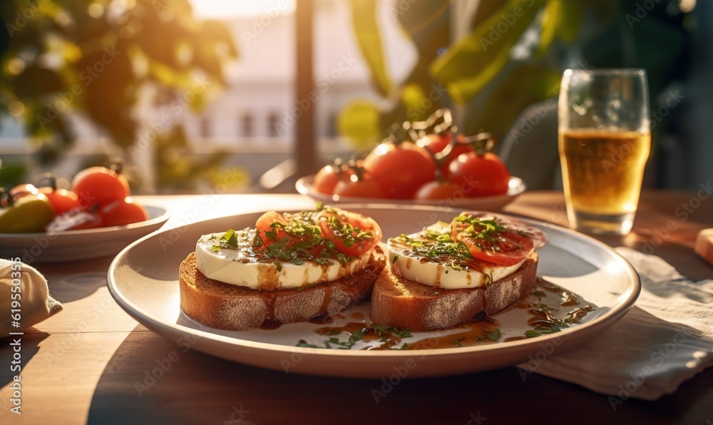  a plate of food on a table with a glass of beer.  generative ai