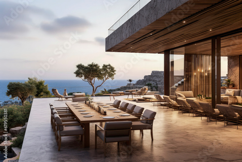 Generative AI illustration of a luxury villa terrace built with recyclable materials facing the sea. © Eduardo Lopez
