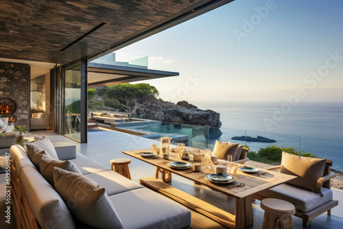 Generative AI illustration of a luxury villa terrace built with recyclable materials facing the sea. © Eduardo Lopez