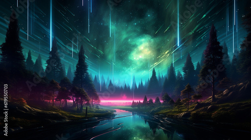 Fantasy landscape with a road in the middle of the forest and aurora borealis