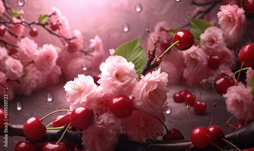  a bunch of cherry blossoms and cherry trees with water droplets.  generative ai