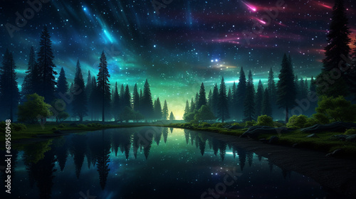 Fantasy landscape with milky way over water and pine forest.