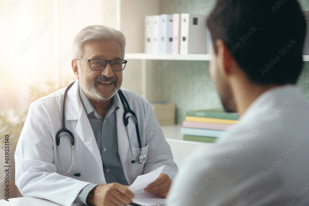 An Indian doctor in a white coat advises an elderly patient. Medical reception of a doctor in a clinic. AI generated. An Indian doctor in a white coat advises an elderly patient. Medical reception of a doctor in a clinic. AI generated.