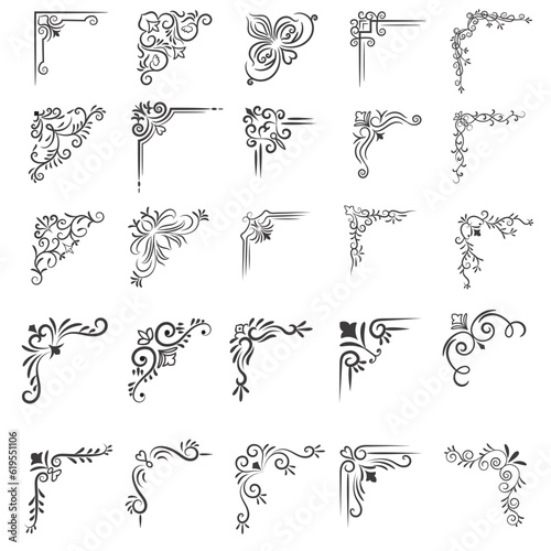 Vector illustration of decorative corner frame set. Set Hand Draw of Corners Different Shapes Flower Decoration Vector Design Doodle Sketch Style For Wedding And Banner
