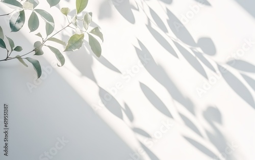 Leaf shadow on wall blur background. Nature tropical leaves tree branch and plant with sunlight and foliages leaves shadow. Minimal abstract background for product presentation.