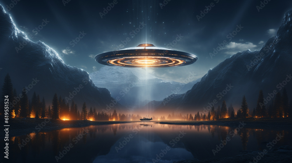 UFO in the sky over the lake. 3D rendering. UFO in the sky over the lake. 3D rendering.