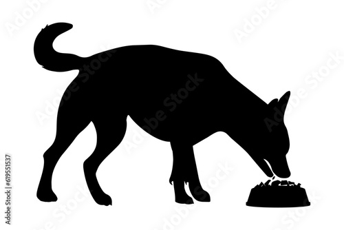 Dog silhouette eating from a bowl isolated on white background. Vector illustration