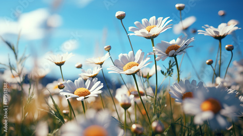 White cosmos flowers in the field with blue sky background, vintage color tone