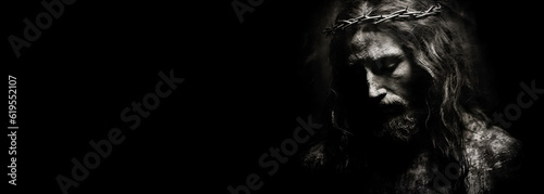 Jesus Christ Wearing a Crown of Thorns Portrait Black and White Old Picture Banner