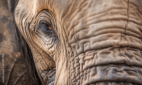  a close up of an elephant's face with wrinkles.  generative ai © Anna