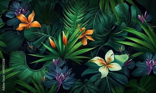  a painting of tropical plants and flowers on a black background.  generative ai