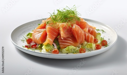  a plate of salmon and lettuce on a white plate. generative ai