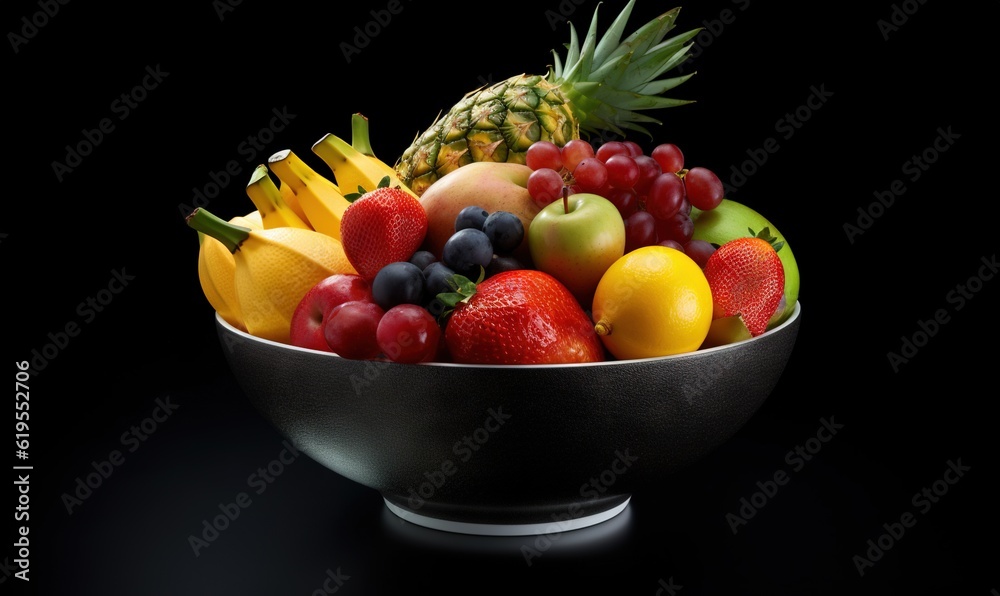  a black bowl filled with lots of different types of fruit.  generative ai