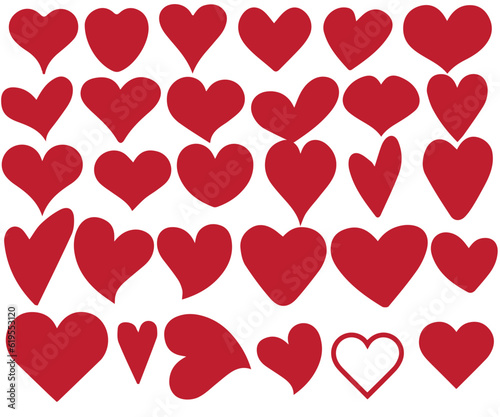 Love hearts icon. Abstract red loving heart symbols for valentines day, outline lovely red heart elements and love silhouette icons isolated set. Romance linear and filled symbol bundle. heart icon