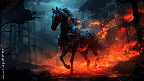 Fantasy illustration of a hors riding through a burning forest