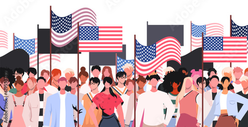 Happy 4th of July Independence Day greeting card with waving American national flags and diverse multiethnic multicultural  people. Flat vector illustration isolated on white background.