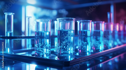 Laboratory glass test tubes with bright liquid for experiments, universal colorful technology, image illustration design, Generative Ai