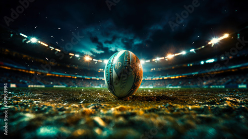 photo of rugby ball on stadium field with blurry stadium tribunes in the background at night time with spotlights and light effects, rugby world cup concept banner