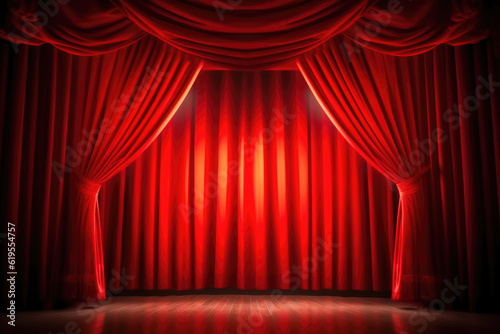 Dramatic Theatre Stage with Red Curtains and Spotlight. Generative AI