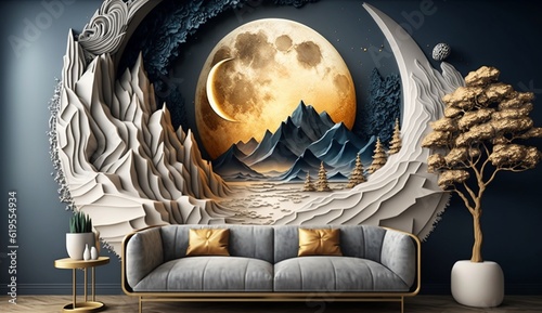 3d modern interior mural wall art decor wallpaper .Generative AI.