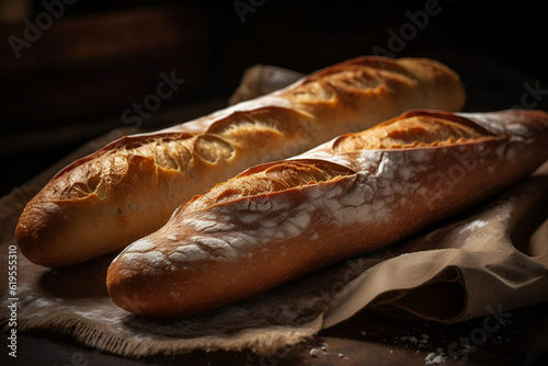 Two crispy french baguettes lie dark black table background, french pastries. Generated AI