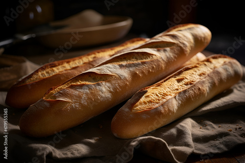 Three crispy French baguettes lie on a dark black table background. Generated AI