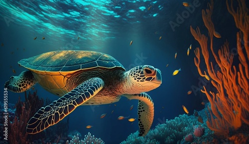 Sea turtle swimming in the under sea Beautiful Underwater.Generative AI.