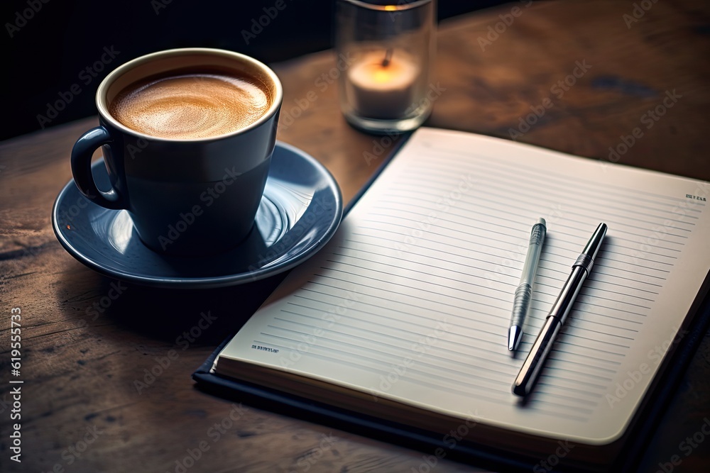 cup of coffee next to a notebook and a pen Generative AI cup of coffee next to a notebook and a pen Generative AI