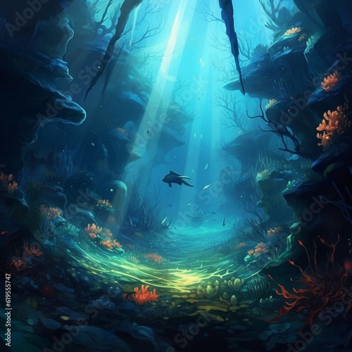 Generative AI illustrations, Underwater diver in deep sea dive